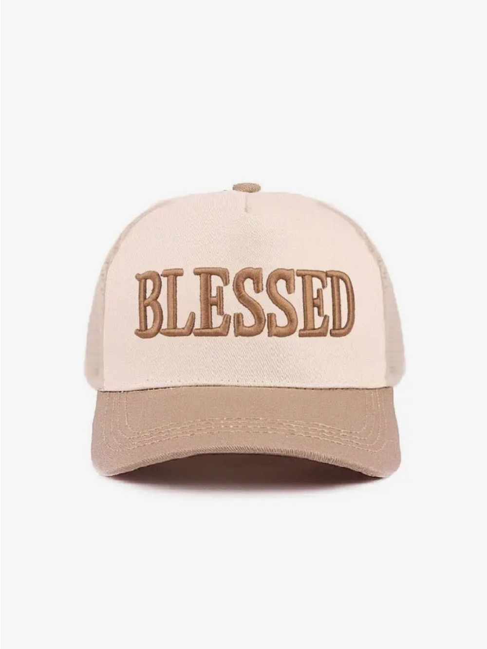 Zenana 'BLESSED' Trucker Hat in Cream and Ash Mocha - Picture 2 of 3